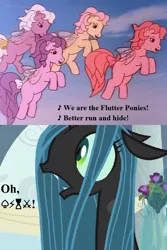 Size: 608x912 | Tagged: safe, derpibooru import, edit, edited screencap, screencap, queen chrysalis, rosedust, changeling, changeling queen, flutter pony, pony, a canterlot wedding, bright lights, my little pony 'n friends, background pony, censored vulgarity, cropped, dialogue, female, flower, g1, g1 to g4, generation leap, grawlixes, lyrics, queen rosedust, song reference, terrified, text, this will end in an utter flutter, this will end in cheers, we are the flutter ponies