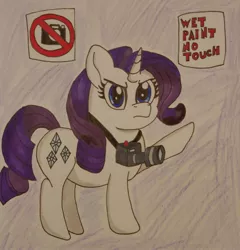 Size: 2190x2283 | Tagged: safe, artist:iffoundreturntorarity, derpibooru import, rarity, pony, unicorn, angry, atg 2019, camera, female, first world anarchist, frown, fuck the police, glare, looking at you, mare, newbie artist training grounds, pure unfiltered evil, raised hoof, sign, solo, text, touch, touching, traditional art, watch out we have a badass over here