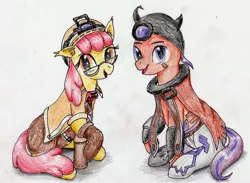 Size: 3033x2224 | Tagged: safe, artist:40kponyguy, derpibooru import, apple bloom, tender taps, earth pony, pony, cape, clothes, colt, cosplay, costume, crossover, female, filly, glasses, looking at you, made in abyss, male, raised hoof, requested art, simple background, traditional art, white background