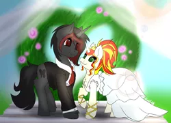 Size: 2556x1840 | Tagged: safe, artist:noxi1_48, derpibooru import, oc, oc:dante, oc:qc, unofficial characters only, pony, unicorn, clothes, commission, couple, digital art, dress, fluffy, happy, heart, love, marriage, ornament, staring each other, tuxedo, wedding, wedding dress, wedding mane