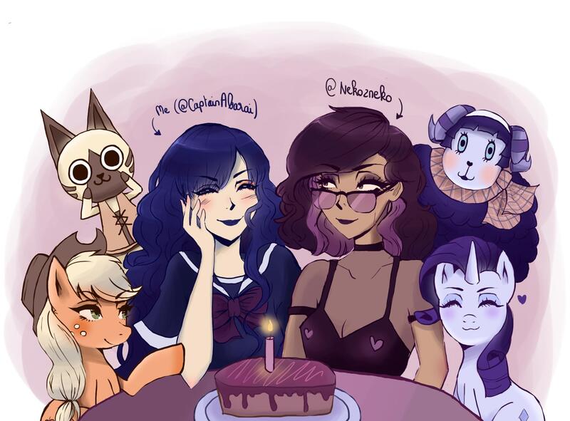 Size: 2155x1591 | Tagged: safe, artist:abarai, derpibooru import, applejack, rarity, earth pony, human, pony, unicorn, birthday cake, blushing, cake, candle, eyes closed, female, food, glasses, heart, mare