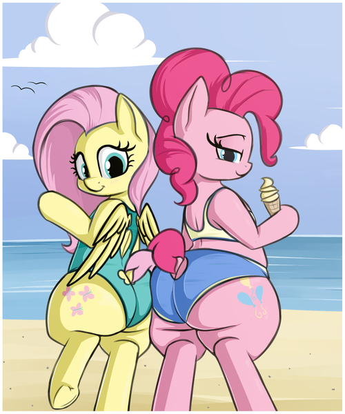 Size: 1800x2160 | Tagged: suggestive, artist:andelai, derpibooru import, fluttershy, pinkie pie, earth pony, pegasus, semi-anthro, back, balloonbutt, beach, bedroom eyes, bikini, butt, chubbie pie, chubby, clothes, cloud, dock, duo, duo female, female, flutterbutt, food, high res, ice cream, lifted leg, looking at you, midriff, one-piece swimsuit, open-back swimsuit, outdoor, plot, plot pair, smiling, standing, summer, swimsuit, the ass was fat, underhoof