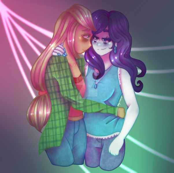 Size: 1280x1276 | Tagged: safe, artist:kit-is-trash, derpibooru import, applejack, rarity, equestria girls, cute, female, jackabetes, lesbian, raribetes, rarijack, shipping