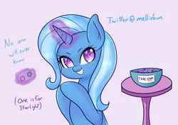 Size: 2000x1400 | Tagged: safe, artist:melliedraws, derpibooru import, trixie, unicorn, atg 2019, bowl, candy, cute, diatrixes, female, food, glowing horn, grin, horn, implied starlight glimmer, magic, mare, newbie artist training grounds, pure unfiltered evil, rubbing hooves, smiling, solo, table, telekinesis
