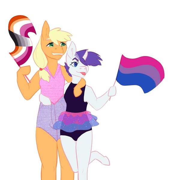 Size: 1024x1024 | Tagged: safe, artist:art-and-a-half, derpibooru import, applejack, rarity, anthro, bisexual pride flag, crying, cute, female, homoflexible pride flag, jackabetes, lesbian, lesbian pride flag, pride, pride flag, pride month, raribetes, rarijack, shipping