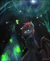 Size: 1572x1920 | Tagged: safe, artist:sakuracheetah, derpibooru import, oc, oc:silver veil, unofficial characters only, bat pony, pony, bandage, bat pony oc, bat wings, clothes, crescent moon, ear fluff, female, floppy ears, forest, lens flare, looking up, mare, moon, night, night sky, scarf, signature, sitting, sky, solo, spread wings, starry night, tree, underhoof, unshorn fetlocks, wings, wisp