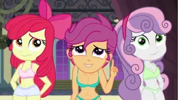 Size: 1280x720 | Tagged: artist needed, suggestive, derpibooru import, edit, edited screencap, screencap, apple bloom, scootaloo, sweetie belle, equestria girls, equestria girls series, happily ever after party, belly button, blue bra, blue panties, blue underwear, bow, boyshorts, bra, breast edit, breasts, busty apple bloom, busty scootaloo, busty sweetie belle, cleavage, clothes, crop top bra, cutie mark crusaders, female, green bra, green panties, green underwear, happily ever after party: rainbow dash, hips, nervous, panties, pink bra, pink underwear, polka dot underwear, sexy, underwear, underwear edit