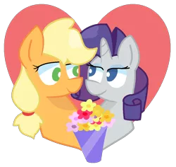 Size: 894x844 | Tagged: safe, artist:redrose26, derpibooru import, applejack, rarity, earth pony, pony, unicorn, cute, female, flower, hatless, heart, heart background, jackabetes, lesbian, love, mare, missing accessory, raribetes, rarijack, shipping