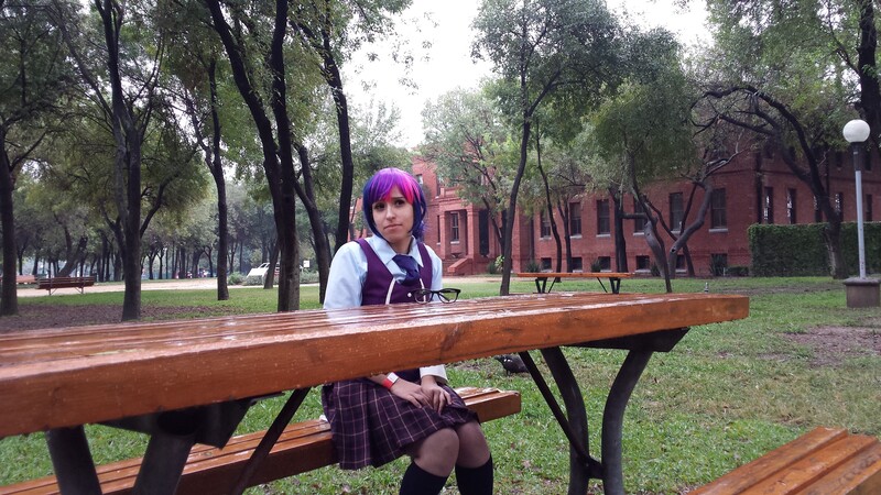 Size: 4128x2322 | Tagged: safe, artist:ribbonbell, derpibooru import, sci-twi, twilight sparkle, human, equestria girls, alone, bench, clothes, cosplay, costume, crystal prep academy uniform, glasses, irl, irl human, photo, school uniform, sitting, solo