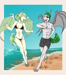 Size: 2550x2908 | Tagged: safe, artist:blackblood-queen, derpibooru import, oc, oc:olive gale, oc:rabid, unofficial characters only, anthro, bat pony, unguligrade anthro, anthro oc, bat pony oc, bat wings, bikini, clothes, couple, female, male, oc x oc, olid, partial nudity, shipping, straight, swimming trunks, swimsuit, topless, wings