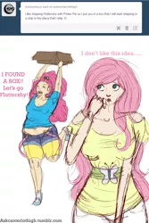 Size: 2800x4200 | Tagged: artist:dinogorawrrainbow, ask, bare shoulders, belly button, box, chubbie pie, chubby, clothes, derpibooru import, duo, female, fluttershy, human, humanized, implied flutterpie, pinkie pie, plump, safe, shirt, simple background, tumblr, white background