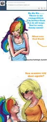 Size: 500x1294 | Tagged: applejack, artist:dinogorawrrainbow, ask, cross-popping veins, derpibooru import, duo, female, freckles, human, humanized, laughing, rainbow dash, safe, signature, simple background, tumblr, white background