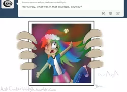 Size: 500x361 | Tagged: safe, artist:dinogorawrrainbow, derpibooru import, rainbow dash, equestria girls, ask, christmas, eye clipping through hair, female, hat, holiday, human coloration, implied derpy, picture, santa hat, signature, solo, spongebob squarepants, the secret box, tumblr