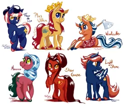 Size: 1528x1316 | Tagged: safe, artist:taritoons, derpibooru import, oc, oc:fleur de lys, oc:light stone, oc:plus ultra, oc:star gaze, oc:woodcutter, ponified, earth pony, pegasus, pony, china, france, liechtenstein, morocco, nation ponies, norway, spain