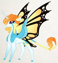 Size: 1600x1720 | Tagged: safe, artist:australian-senior, derpibooru import, oc, oc:stelmaria invictus, unofficial characters only, alicorn, dracony, dragon, hybrid, kirin, kirindos, alternate universe, butterfly wings, coat markings, female, image, jpeg, leonine tail, magical lesbian spawn, offspring, parent:oc:luminia invictus, parent:rarity, parent:twilight sparkle, parents:rarilight, solo, tan background, wings