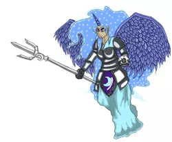 Size: 1057x877 | Tagged: alicorn humanization, artist:dragoon32, breasts, derpibooru import, female, horn, horned humanization, human, humanized, nightmare moon, solo, suggestive, trident, winged humanization, wings