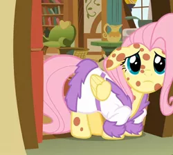 Size: 926x832 | Tagged: safe, derpibooru import, screencap, fluttershy, pony, hurricane fluttershy, bathrobe, clothes, cropped, pony pox, robe, sick, solo, weak