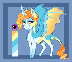 Size: 1280x1088 | Tagged: safe, artist:earthsong9405, deleted from derpibooru, derpibooru import, oc, oc:stelmaria invictus, unofficial characters only, alicorn, dracony, dragon, hybrid, kirin, kirindos, abstract background, blue background, cloven hooves, coat markings, colored hooves, commission, female, image, jpeg, leonine tail, magical lesbian spawn, offspring, parent:oc:luminia invictus, parent:rarity, parent:twilight sparkle, parents:rarilight, reference sheet, sideways glance, simple background, solo