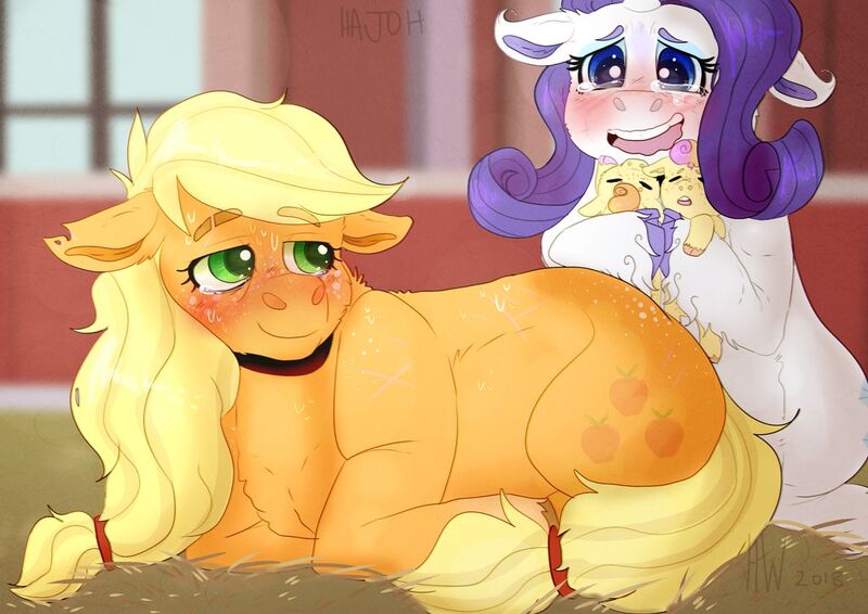 Size: 1024x724 | Tagged: safe, artist:hajoh, derpibooru import, applejack, rarity, oc, pony, cute, female, jackabetes, lesbian, magical lesbian spawn, ocbetes, offspring, parent:applejack, parent:rarity, parents:rarijack, raribetes, rarijack, shipping, twins