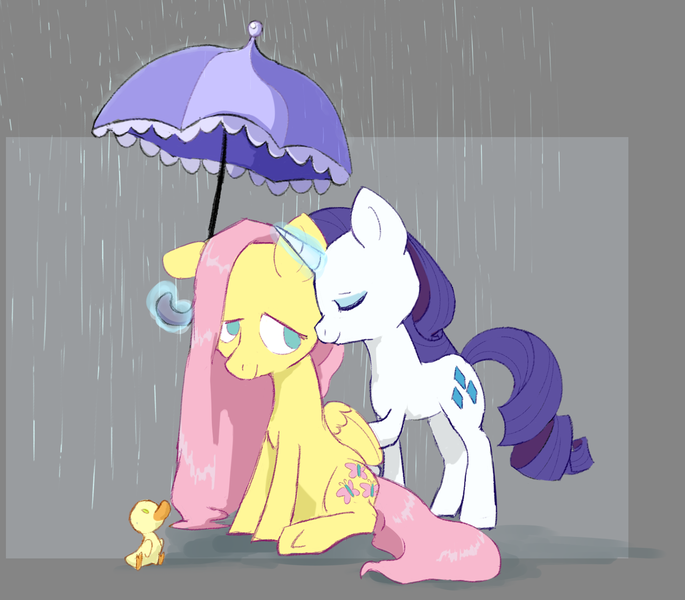 Size: 1500x1313 | Tagged: safe, artist:friendlyraccoon, derpibooru import, fluttershy, rarity, pegasus, pony, unicorn, duckling, female, flarity, folded wings, lesbian, magic, mare, no pupils, rain, shipping, sitting, smiling, umbrella, wings