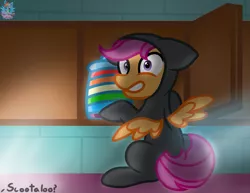 Size: 1573x1212 | Tagged: safe, artist:rainbow eevee, derpibooru import, rainbow dash, scootaloo, pony, atg 2019, cabinet, catsuit, caught, clothes, cookie, cookie jar, dialogue, female, filly, food, midnight snack, newbie artist training grounds, night, offscreen character, siblings, sisters, sneaking, sneaky, spread wings, text, wings