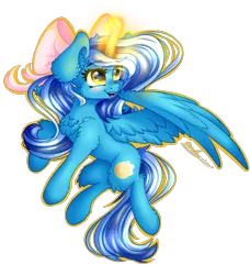 Size: 3096x3400 | Tagged: safe, artist:kindny-chan, derpibooru import, oc, oc:fleurbelle, unofficial characters only, alicorn, pony, alicorn oc, bow, commission, female, hair bow, horn, magic, mare, simple background, smiling, solo, transparent background, wings