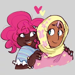 Size: 1280x1280 | Tagged: artist:starteas, bracelet, dark skin, derpibooru import, female, flutterpie, fluttershy, heart, hijab, hug, human, humanized, islam, islamashy, jewelry, lesbian, nail polish, pinkie pie, religion, safe, shipping