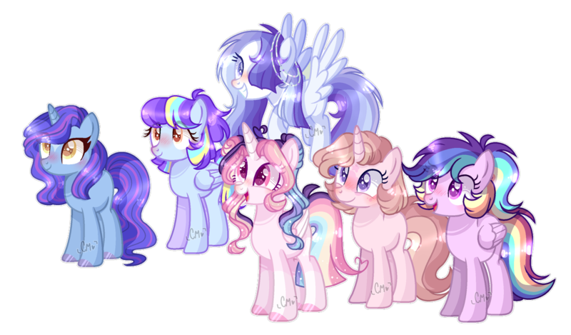 Size: 1280x750 | Tagged: safe, artist:moon-rose-rosie, derpibooru import, oc, oc:bird song, oc:celestial moon, oc:coraline, oc:passion, oc:smooth blue, oc:vania, unofficial characters only, alicorn, pegasus, pony, unicorn, base used, female, interdimensional siblings, magical lesbian spawn, mare, offspring, parent:rainbow dash, parent:twilight sparkle, parents:twidash, simple background, transparent background