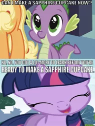 Size: 639x840 | Tagged: safe, derpibooru import, edit, edited screencap, editor:undeadponysoldier, screencap, applejack, spike, twilight sparkle, dragon, pony, unicorn, series:spikebob scalepants, spike at your service, adorable face, caption, cute, eyes closed, female, happy, image macro, implied sapphire cupcake, krusty krab training video, male, mare, reference, spongebob squarepants, text, wrong aspect ratio