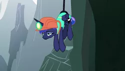 Size: 1920x1080 | Tagged: safe, derpibooru import, screencap, princess luna, alicorn, pony, between dark and dawn, ashamed, barehoof, clothes, dangling, female, folded wings, helmet, humiliated, humiliation, lidded eyes, mare, mining helmet, predicament, solo, tail bun, tired, wings