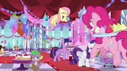 Size: 1920x1080 | Tagged: safe, derpibooru import, screencap, applejack, fluttershy, pinkie pie, rainbow dash, rarity, spike, twilight sparkle, twilight sparkle (alicorn), alicorn, dragon, earth pony, pegasus, pony, unicorn, between dark and dawn, air pump, applejack's hat, balloon, blowing up balloons, canterlot castle, cowboy hat, decoration, female, food, glowing horn, hat, horn, horseshoes, inflating, magic, male, mane seven, mane six, mare, note, party, pumping, stars, statue, streamers, telekinesis, winged spike
