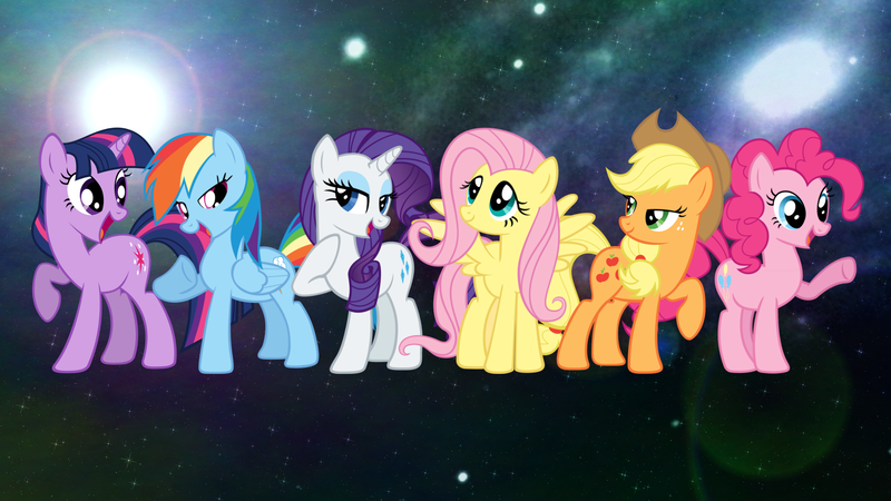 Size: 1920x1080 | Tagged: safe, artist:morningstar-1337, derpibooru import, edit, applejack, fluttershy, pinkie pie, rainbow dash, rarity, twilight sparkle, unicorn, mane six, space, unicorn twilight, wallpaper, wallpaper edit