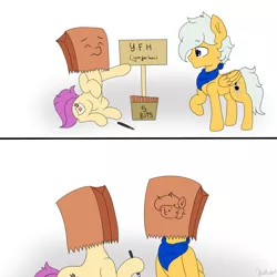 Size: 2133x2133 | Tagged: safe, artist:itwasscatters, derpibooru import, oc, oc:paper bag, oc:scatter, earth pony, pegasus, pony, comic, drawing, female, male, paper bag, sign, simple background, white background