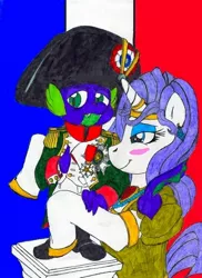 Size: 930x1280 | Tagged: safe, artist:pandaren_chaplain, derpibooru import, rarity, spike, clothes, costume, female, french flag, male, napoleon bonaparte, shipping, sparity, straight, traditional art