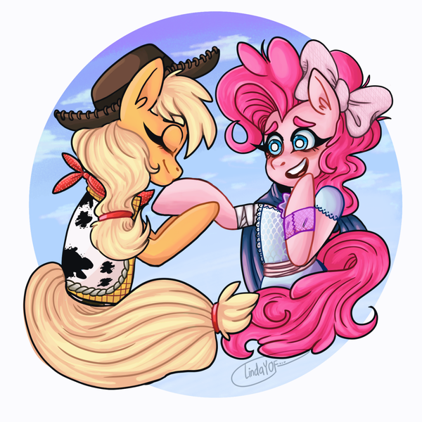 Size: 1600x1600 | Tagged: safe, artist:lindayof, derpibooru import, applejack, pinkie pie, pony, applepie, bo peep, clothes, cosplay, costume, cute, female, lesbian, shipping, toy story, toy story 4, woody