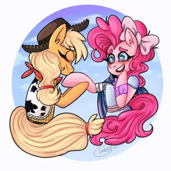 Size: 1600x1600 | Tagged: safe, artist:lindayof, derpibooru import, applejack, pinkie pie, pony, applepie, bo peep, clothes, cosplay, costume, cute, female, lesbian, shipping, toy story, toy story 4, woody