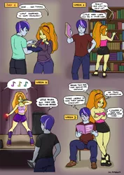 Size: 1240x1748 | Tagged: safe, artist:rambon7, derpibooru import, adagio dazzle, oc, equestria girls, armpits, blushing, book, boots, breasts, canon x oc, cleavage, clothes, comic, cute, dazzlebetes, disguise, disguised siren, gem, hoodie, jewelry, legs, lidded eyes, looking back, looking over shoulder, miniskirt, pendant, platform shoes, ponytail, sandals, shoes, shorts, singing, siren gem, skirt, thighs