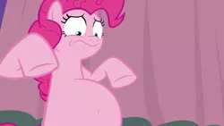 Size: 1920x1080 | Tagged: safe, artist:maxman, derpibooru import, edit, edited screencap, screencap, pinkie pie, pony, a trivial pursuit, belly, belly button, big belly, fat, fat edit, food baby, need to go on a diet, need to lose weight, pregnant, pregnant edit, pudgy pie