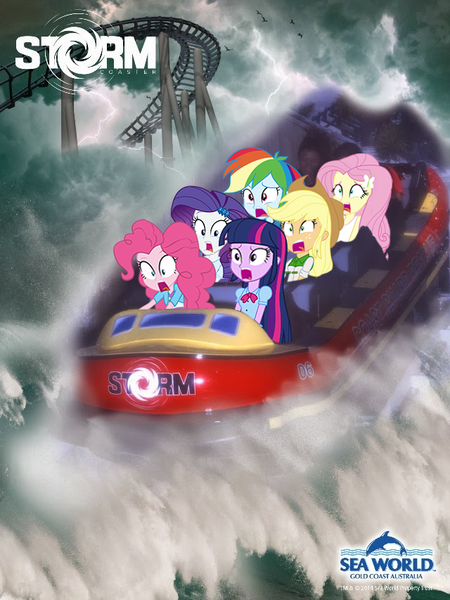 Size: 640x853 | Tagged: safe, derpibooru import, applejack, fluttershy, pinkie pie, rainbow dash, rarity, sci-twi, twilight sparkle, equestria girls, australia, clothes, female, gold coast, hairpin, hat, humane five, humane six, open mouth, photo, roller coaster, scared, sea world, storm