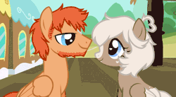 Size: 872x486 | Tagged: safe, artist:kichimina, derpibooru import, oc, oc:coffee creamtrain, oc:geartrain, unofficial characters only, pegasus, pony, animated, beard, coffeetrain, eye contact, facial hair, female, heart eyes, husband and wife, kissing, looking at each other, love, male, mare, oc x oc, outdoors, shipping, stallion, straight, train station, wingding eyes, wings