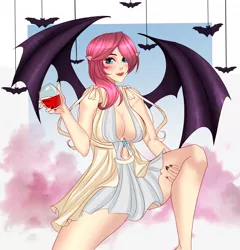 Size: 3200x3329 | Tagged: source needed, suggestive, alternate version, artist:maewix, derpibooru import, oc, oc:silhouette lune, bat pony, human, absolute cleavage, alcohol, bat pony oc, bat wings, big breasts, blue eyes, blushing, breasts, cleavage, clothes, commission, dress, drink, drinking, elf ears, fangs, female, humanized, humanized oc, lifting leg, lipstick, pink hair, sitting, solo, solo female, wine, winged humanization, wings, ych result