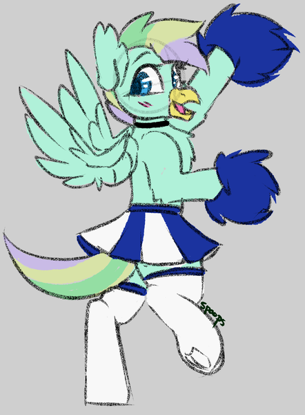 Size: 1359x1843 | Tagged: artist:spoopygander, cheerleader, choker, clothes, cute, derpibooru import, female, hippogriff, hippogriff oc, oc, oc:halo-halo, patreon, patreon reward, pom pom, safe, skirt, socks, solo, thigh highs, unofficial characters only