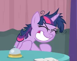 Size: 747x592 | Tagged: safe, derpibooru import, screencap, twilight sparkle, twilight sparkle (alicorn), alicorn, pony, a trivial pursuit, cropped, eyes closed, gloating, smiling, solo, teeth, twilight snapple