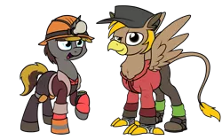 Size: 2637x1665 | Tagged: safe, artist:moonatik, derpibooru import, oc, oc:geartooth, oc:pad, unofficial characters only, gryphon, pony, unicorn, 2020 community collab, derpibooru community collaboration, boots, clothes, commission, engineer, gloves, griffon oc, hard hat, hat, hoodie, light bulb, male, pipboy, scout, shoes, simple background, socks, stallion, team fortress 2, transparent background, wings