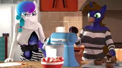 Size: 1920x1080 | Tagged: safe, artist:anthroponiessfm, derpibooru import, oc, oc:aurora starling, oc:katharina lazuli, unofficial characters only, anthro, unicorn, 3d, anthro oc, clothes, cooking, cupcake, cute, female, food, glasses, heterochromia, kitchen, smiling, source filmmaker, strawberry