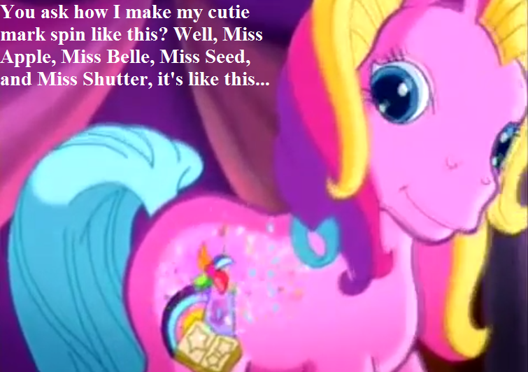 Size: 755x532 | Tagged: a very pony place, cute, cutie mark, derpibooru import, edit, edited screencap, g3, implied apple bloom, implied babs, implied cutie mark crusaders, implied scootaloo, implied sweetie belle, safe, screencap, speech, spinning, storybelle, talking, the last crusade, two for the sky