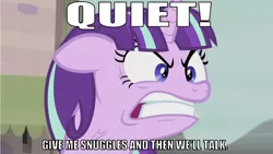 Size: 640x361 | Tagged: safe, derpibooru import, edit, edited screencap, editor:undeadponysoldier, screencap, starlight glimmer, pony, unicorn, the cutie map, caption, cute, demanding, demanding snuggles, female, glimmerbetes, image macro, looking at you, mare, meme, quiet, solo, talking to viewer, teeth, teeth grinding, text, vein bulge, yelling