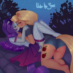 Size: 4000x4000 | Tagged: safe, artist:xjenn9, derpibooru import, applejack, rarity, anthro, adorasexy, applebutt, ass, butt, cute, female, jackabetes, kissing, leg lock, lesbian, passionate, raribetes, rarijack, sexy, shipping, stars