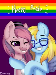 Size: 2892x3912 | Tagged: safe, artist:bestiary, derpibooru import, oc, oc:cloud cuddler, oc:sweet haze, unofficial characters only, earth pony, pegasus, pony, commission, cute, eyes closed, female, femboy, glasses, hat, hug, male, one eye closed, pride, pride flag, shipping, smiling, teeth, ych result