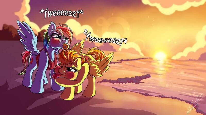 Size: 1192x670 | Tagged: safe, artist:lupiarts, derpibooru import, rainbow dash, spitfire, pegasus, pony, blowing, blowing whistle, blushing, cute, dashabetes, female, fwee, lesbian, lifeguard, mare, puffy cheeks, rainblow dash, rainbow dashs coaching whistle, red face, shipping, spitdash, whistle, whistle necklace